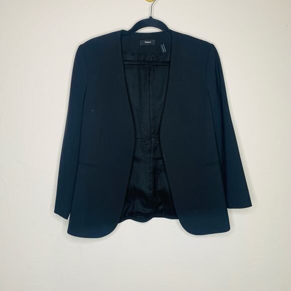 Theory Open Front Black Blazer Sz 8 Wool Blend - Picture 9 of 9
